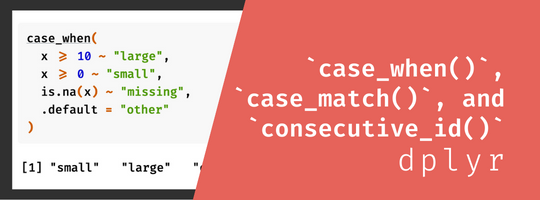 Text that says dplyr `case_when()`, `case_match()`, and `consecutive_id()` An screenshot of a case_when statement.